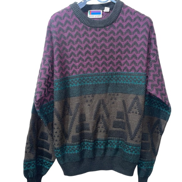Sweater Graphix Pullover Crewneck 90's Knitted Sweater Geometric Pattern Sz XL - Picture 1 of 8